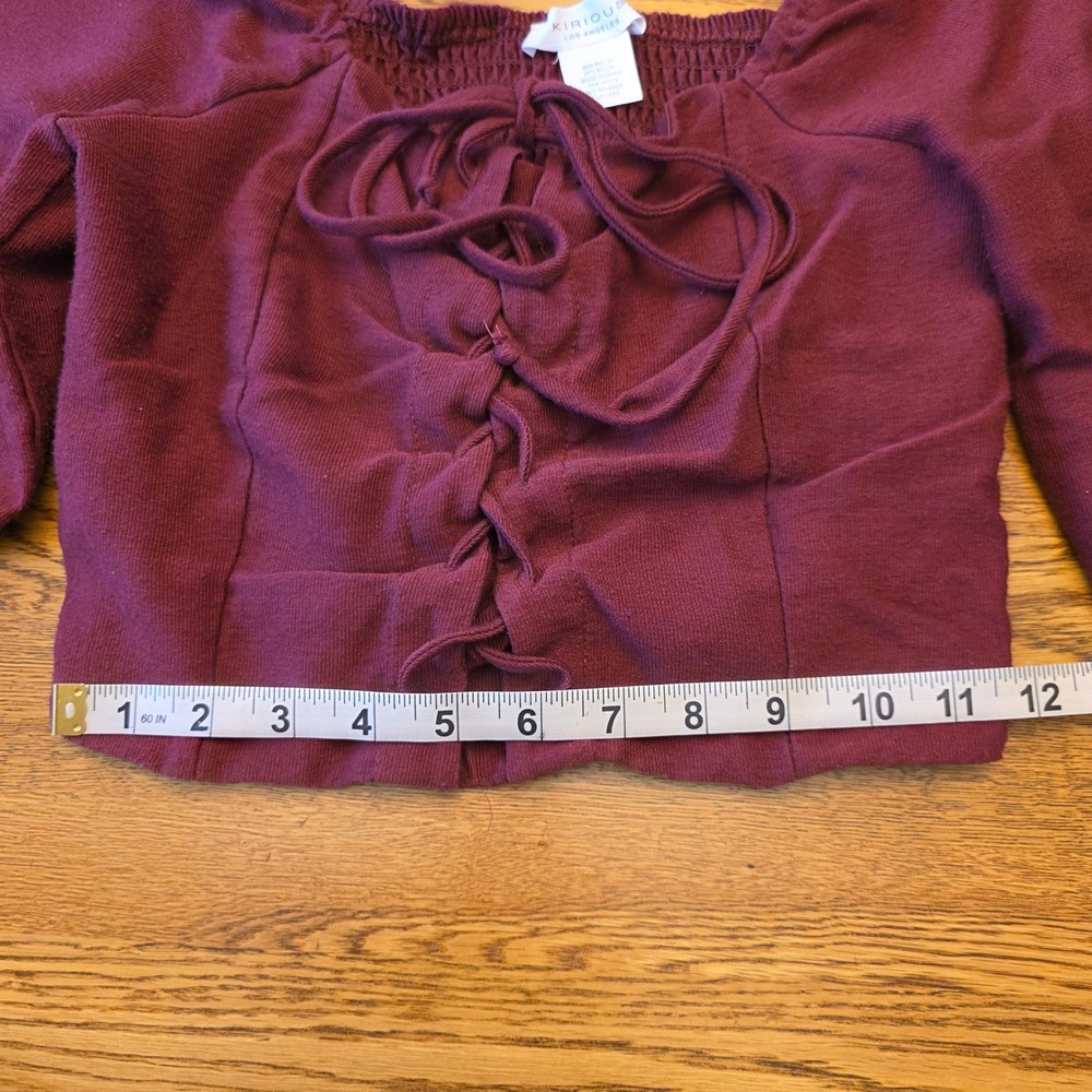 Kirious Crop Top Burgundy Long Sleeve Square‎ Neck Lace Up Smocked Boho Coquette - Picture 6 of 10